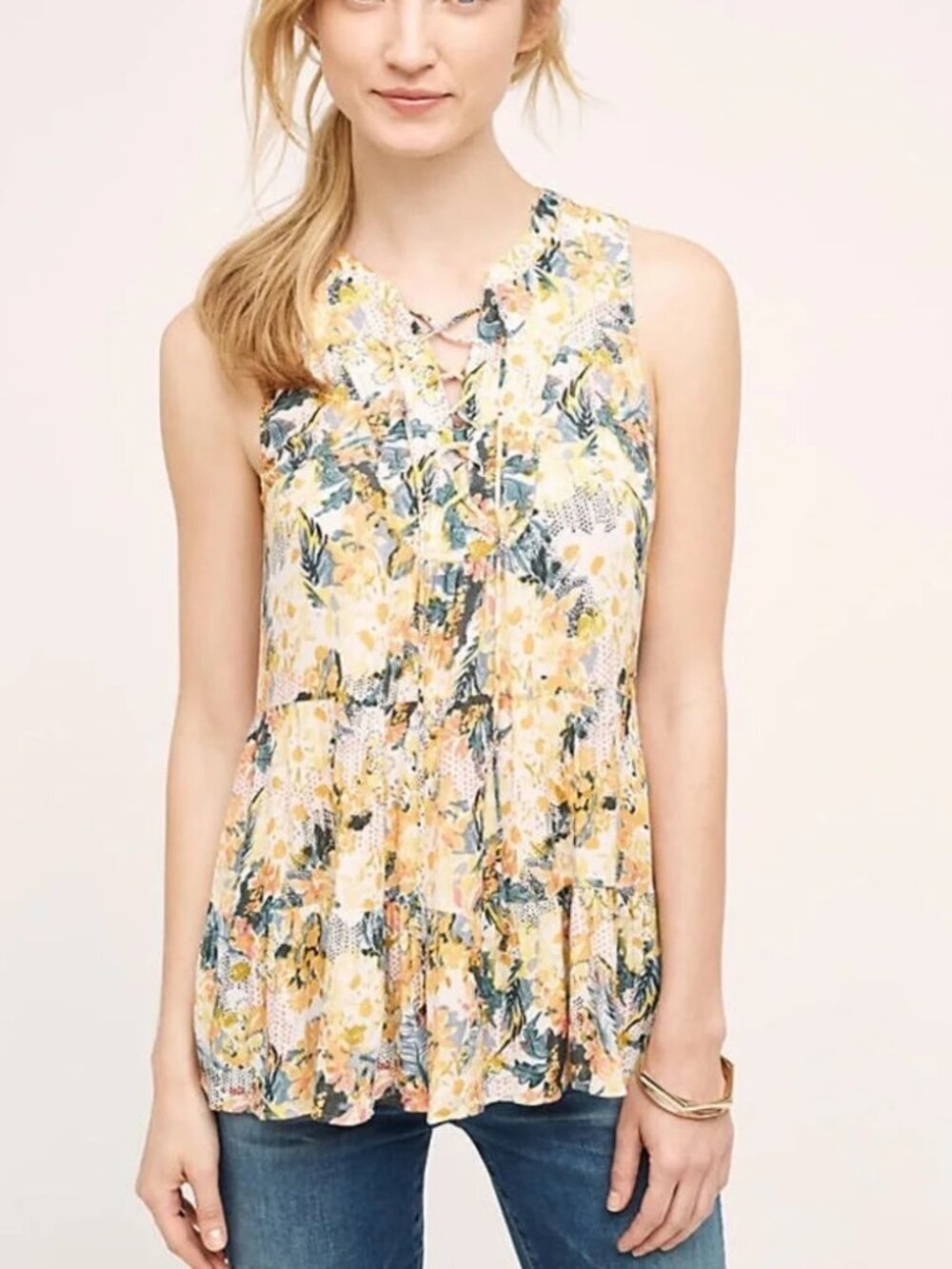 Anthropologie Blouse FLOREAT Lace Up ANAFA Tiered Tank Top Floral Flowers Size 4